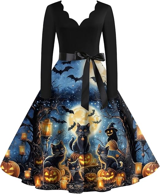 OIOLOYJM Sexy Plus Size Halloween Costumes Woman 2025 Long Sleeve V Neck Printed Gothic Retro Formal Party Dresses for Women