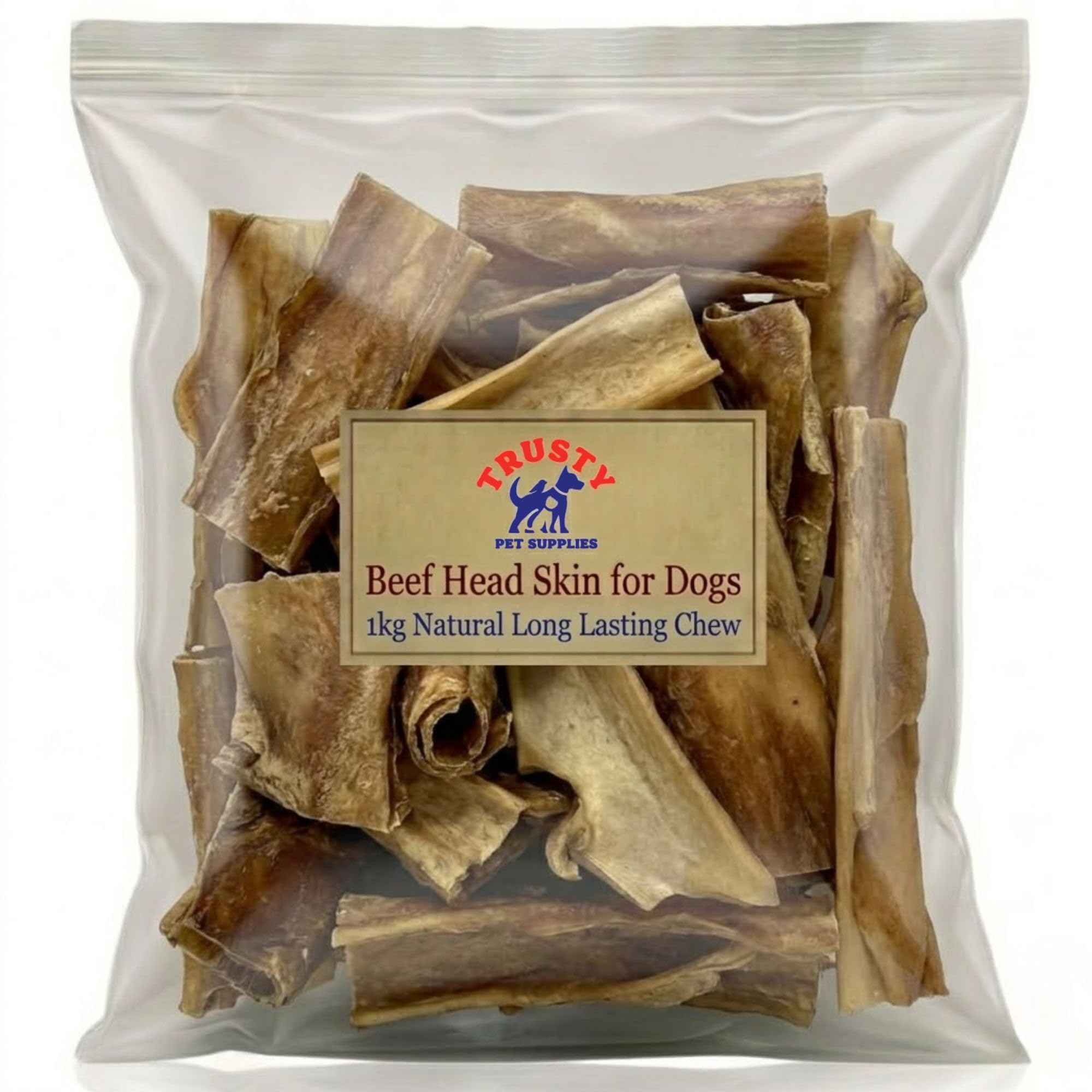 Beef Head Skin for Dogs 1kg | Natural Dog Treats | Long Lasting Dog Chew | Hypoallergenic & Grain Free Dog Treat | High Protein Healthy Dog Treats | By Trusty Pet Supplies