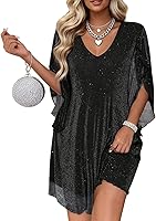 Gettalocky Women's Sparkly V-Neck Flutter Sleeve Chiffon Cocktail Dress for Wedding Guest, Party - Loose Fit XS-XL