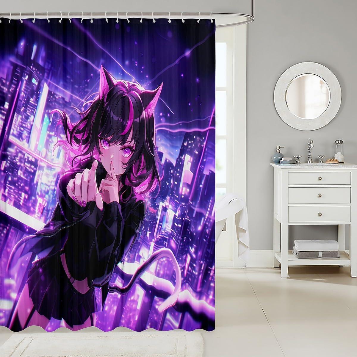 Erosebridal Kids Anime Girl Shower Curtain 72" W X 78" L, Japanese Anime Fabric Shower Curtain, Cartoon Girl Bathroom Accessories for Boys Teens, Kawaii Japanese Animation Waterproof Decor