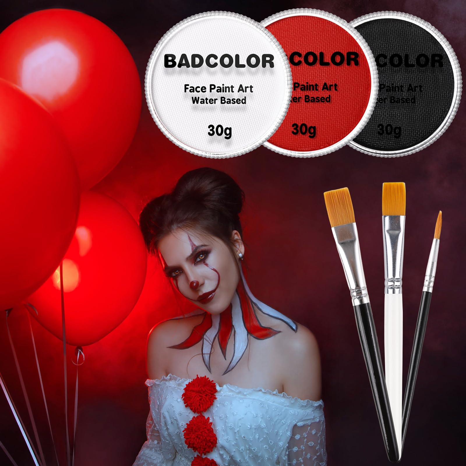 Trucco Viso E Corpo Per Halloween - Vernice Bianca, Nera E Rossa, 76g, Impermeabile, Alta Pigmentazione, Per Clown, Joker, Zombie