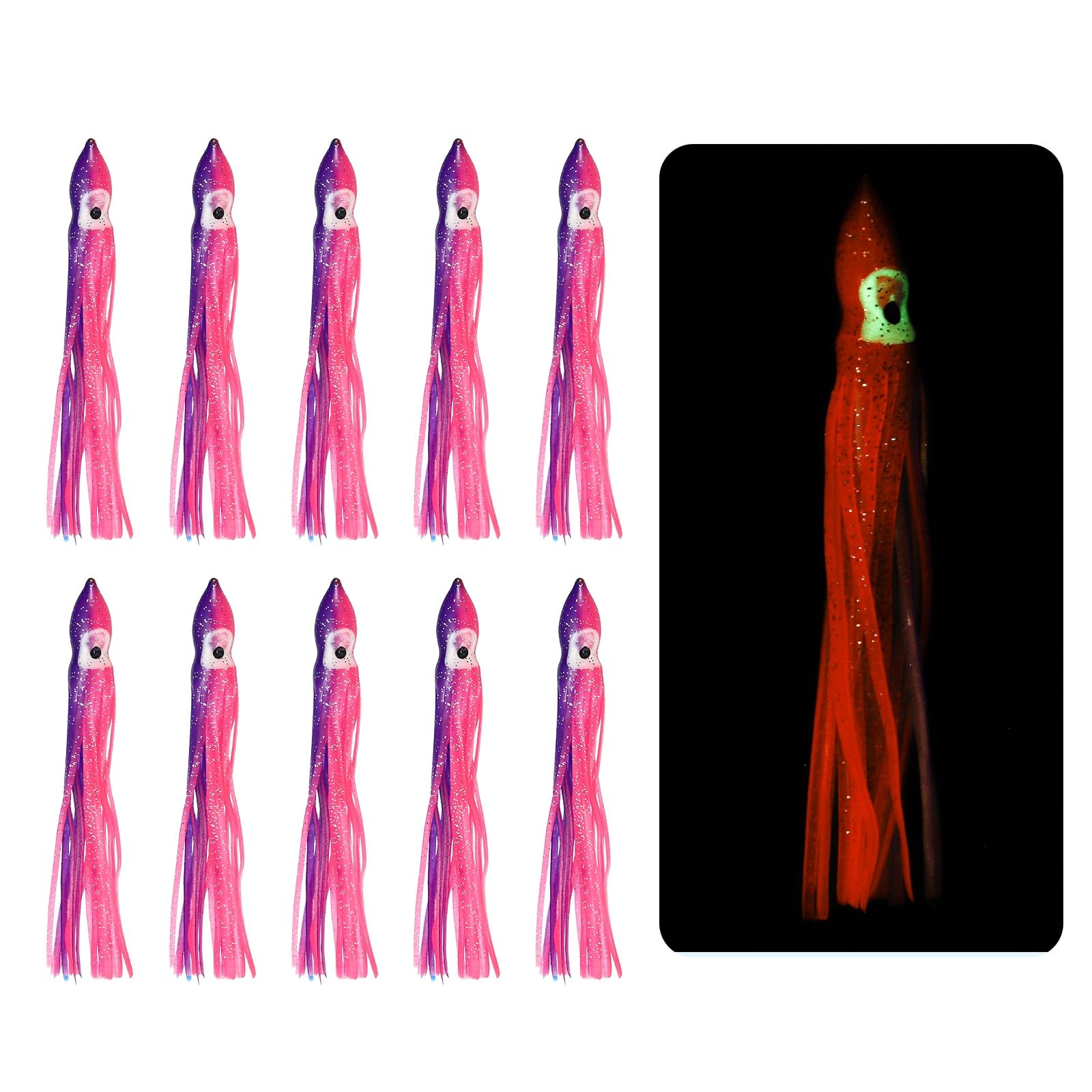 YELARXI Fishing Squid Skirts Lures Glow Soft, 4.7 x 0.5 Inch & 10 Pcs & Pink/Dark Purple
