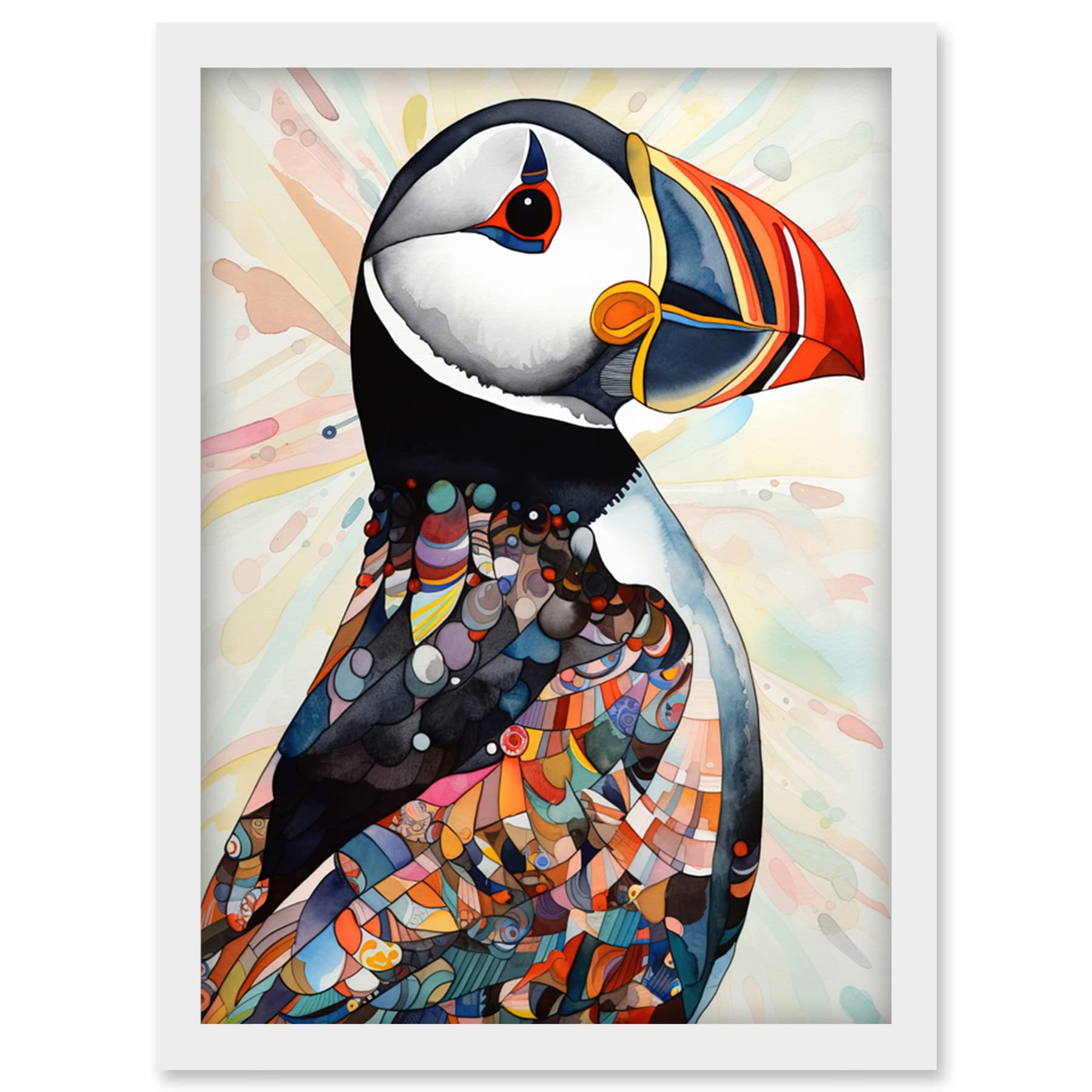 Artery8 Multicolour Pattern Feather Puffin Bird Folk Art Artwork Framed Wall Art Print A4