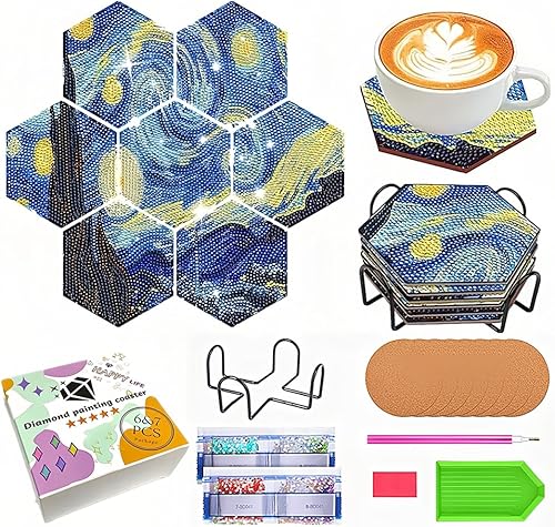 Miniatura 1 de Van Gogh - Posavasos de pintura de diamante, 7 posavasos hexagonales, noche estrellada, kit de posavasos de arte de diamantes para principiantes y