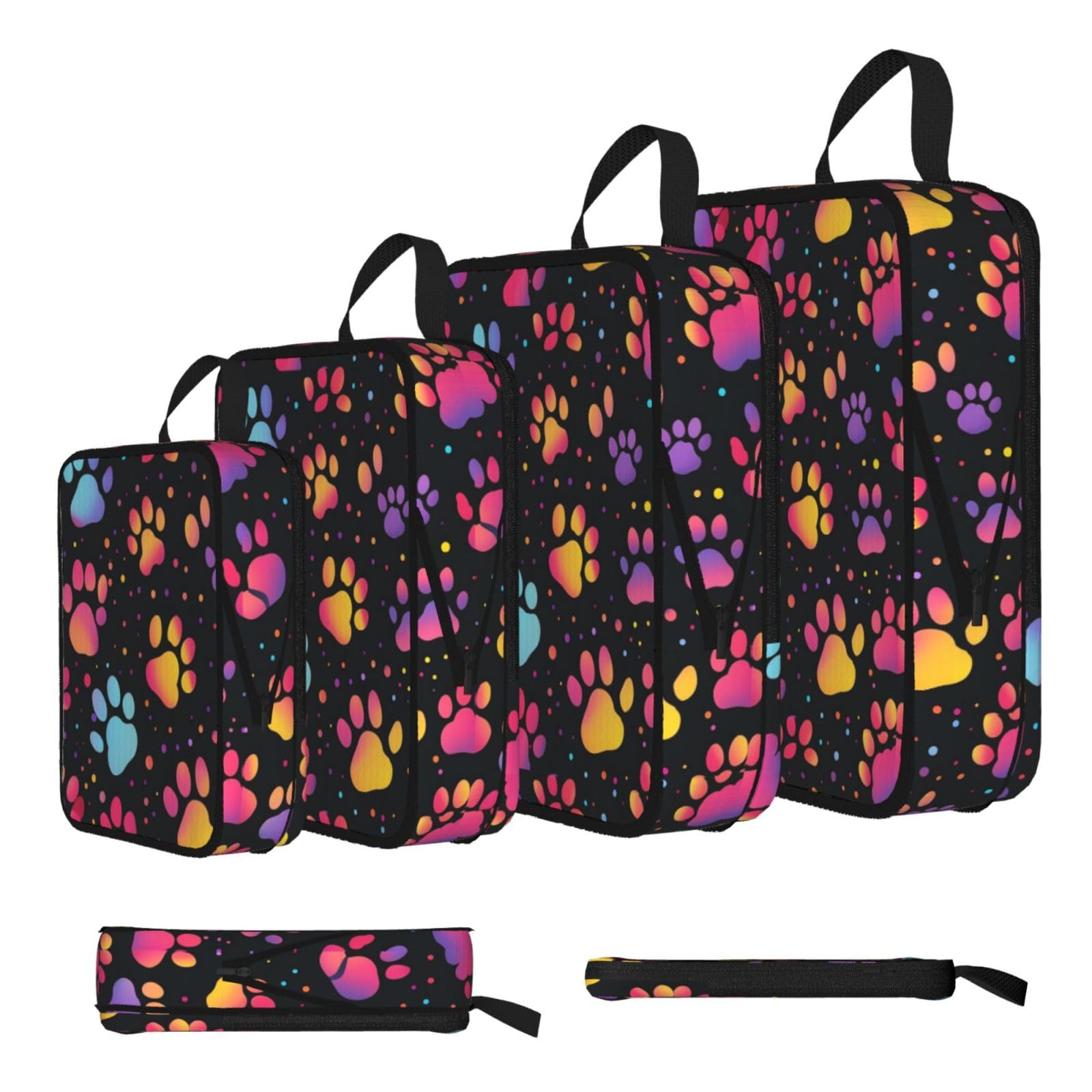 Colorful Paw Print Packing Cubes for Travel Space Saver Bags, Compression Packing Cubes Set of 4, Expandable Luggage Organisers, Suitcase Organiser Bags