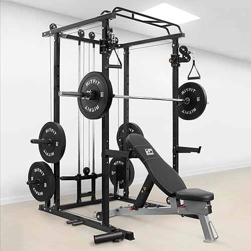 Miniatura 7 de RitFit Jaula de potencia con sistema opcional de máquina LAT PullDownCable CrossoverSmith, estante para sentadillas de 1000 libras para el hogar y