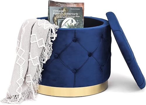 Miniatura 4 de Adeco Otomana redonda de almacenamiento, banco tapizado con botones de terciopelo con tapa extraíble, mesa auxiliar, reposapiés, asiento para sala