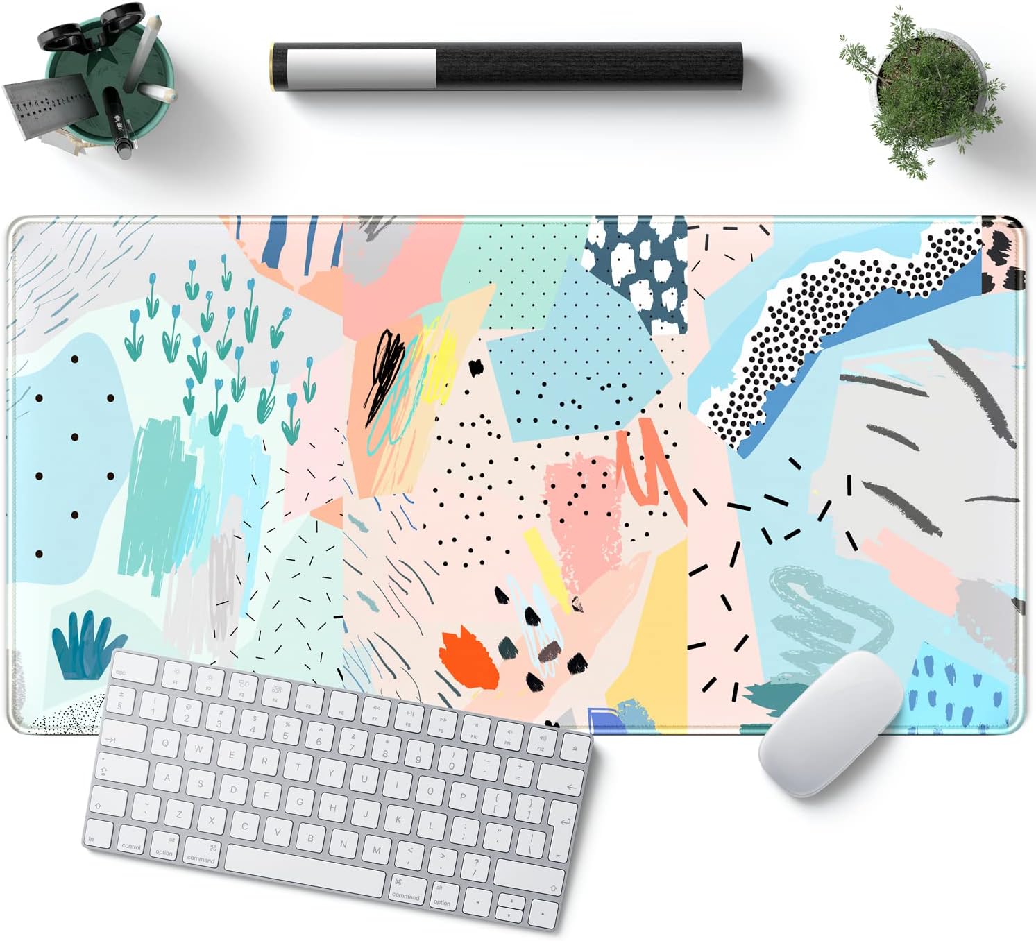Spring Boho Cute Desk Pad Blue Mouse Pad Aesthetic Home Office Decor Desk Mat Kawaii Geen Plant Large Mouse Pad for Women Computer Keyboard Laptop Pad 31.5x15.7 in - with Non-Slip Base Stitched Eges
