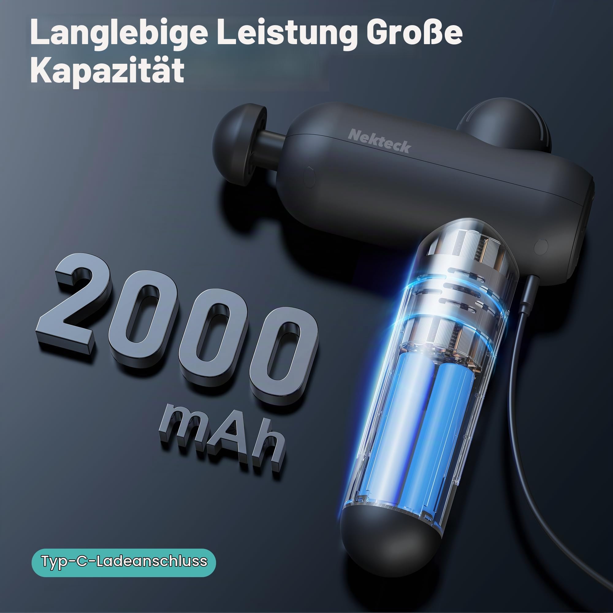 Nekteck Massagepistole, Muskel-Percussion-Massagepistole für Sportler, tragbare Hand-Tiefengewebe-Massagepistole mit 5 einstellbaren Geschwindigkeiten und 6 Massagekopf