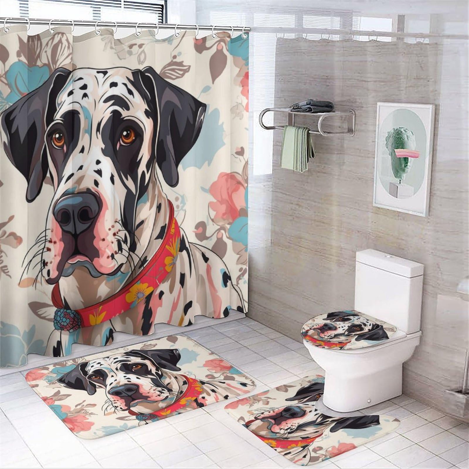 Shower Curtain 4 Piece Set with Rugs Include Waterproof Shower Curtain Non-Slip Rug Toilet Lid Cover Bath Mat Great Dane Dog Colorful Durable And Waterproof Dog Lovers Gift for Bathroom Decor