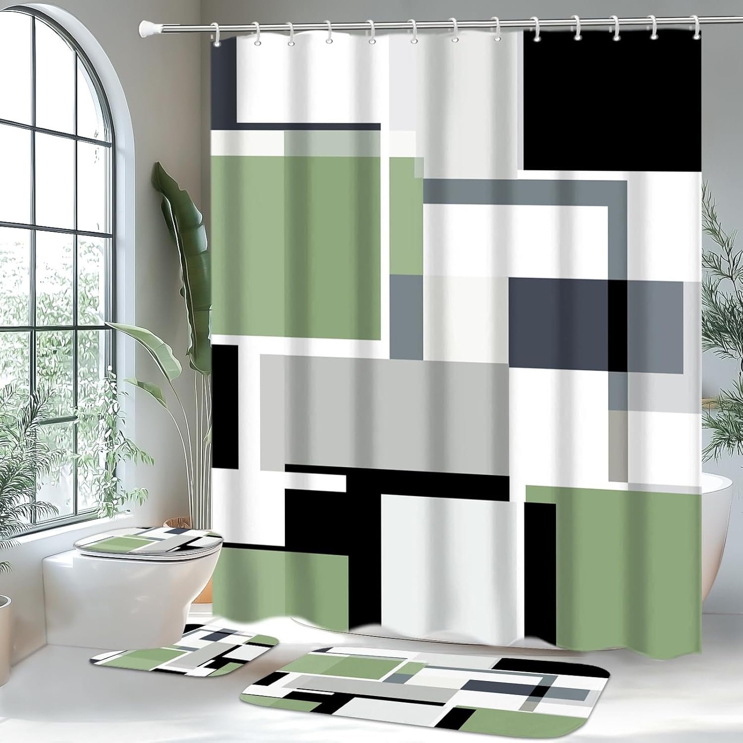 4 Pcs Sage Green Geometric Bathroom Sets with Shower Curtain Set and Non-Slip Rugs for Bathroom, Sage Green Black White Checkered Modern Bathroom Shower Curtain Sets with Rugs and Accessories