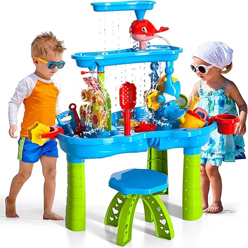 Bennol Sand Water Table Toys for Toddlers Kids, 3-Tier Outdoor Sand and Water Play Table Toys for Toddlers Kids, Water Activity Tables Beach Toys
