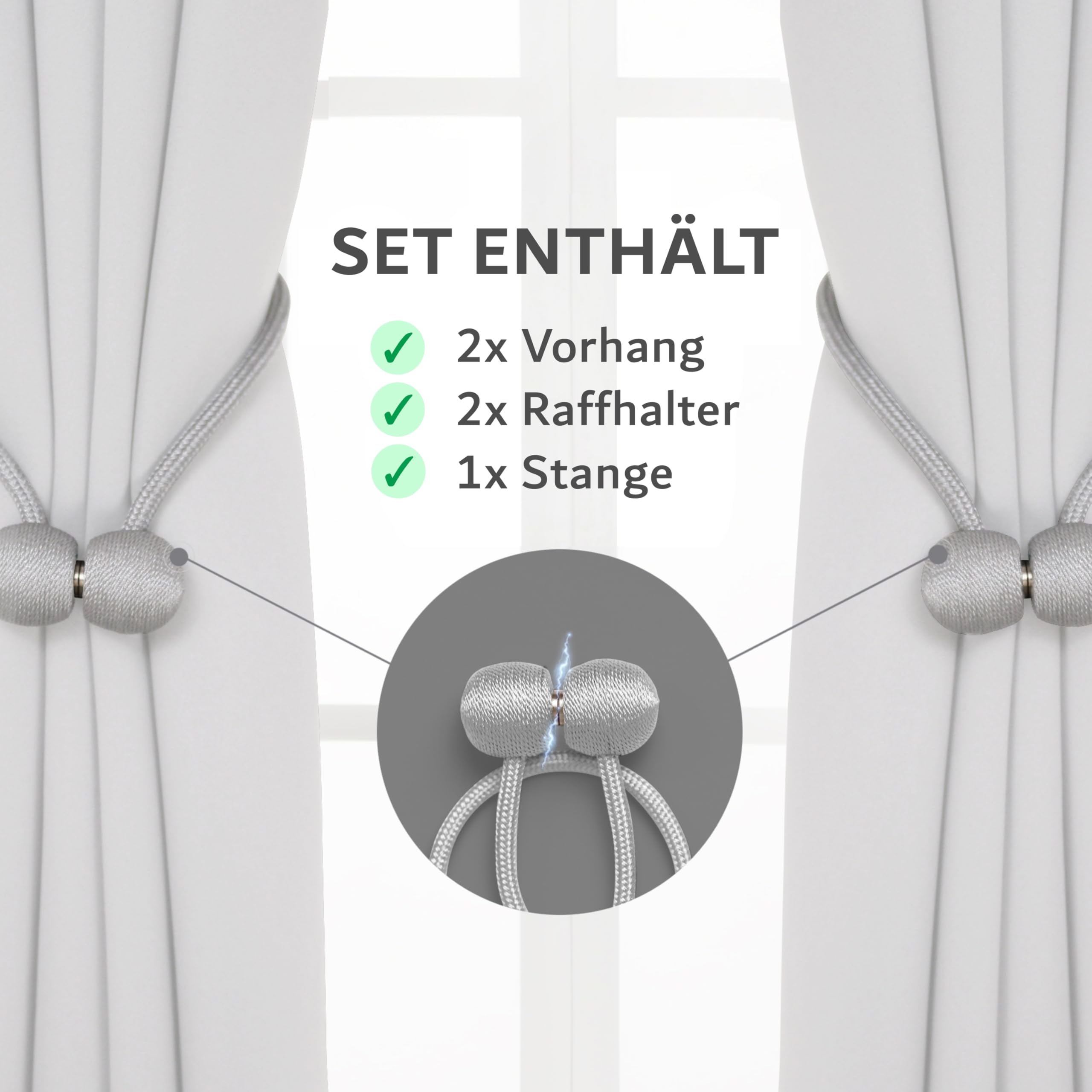 Cozyor Praktisches Set ohne Bohren: 2X Vorhang + 1x Klemmstange 70-120 cm + 2X Raffhalter mit Magnet Blickdicht, als Raumteiler, Fenster & Tür Weiß Thermovorhang 160x135cm