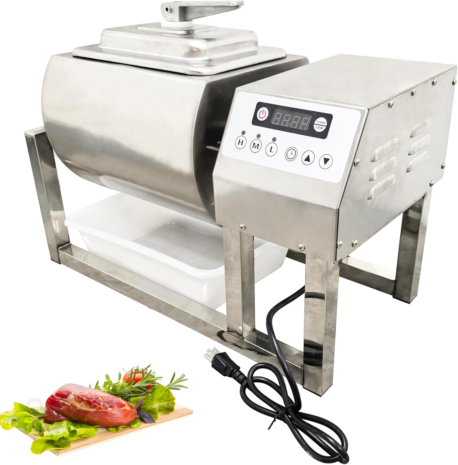 110V Stainless Steel Meat Vegetable Tumbler Marinator, 15L Circular Barrel, 3 Adjustable Speeds, Rotatable Commercial Marinating Machine, 22lbs Food Capacity for Meat, Fishes, Vegetables