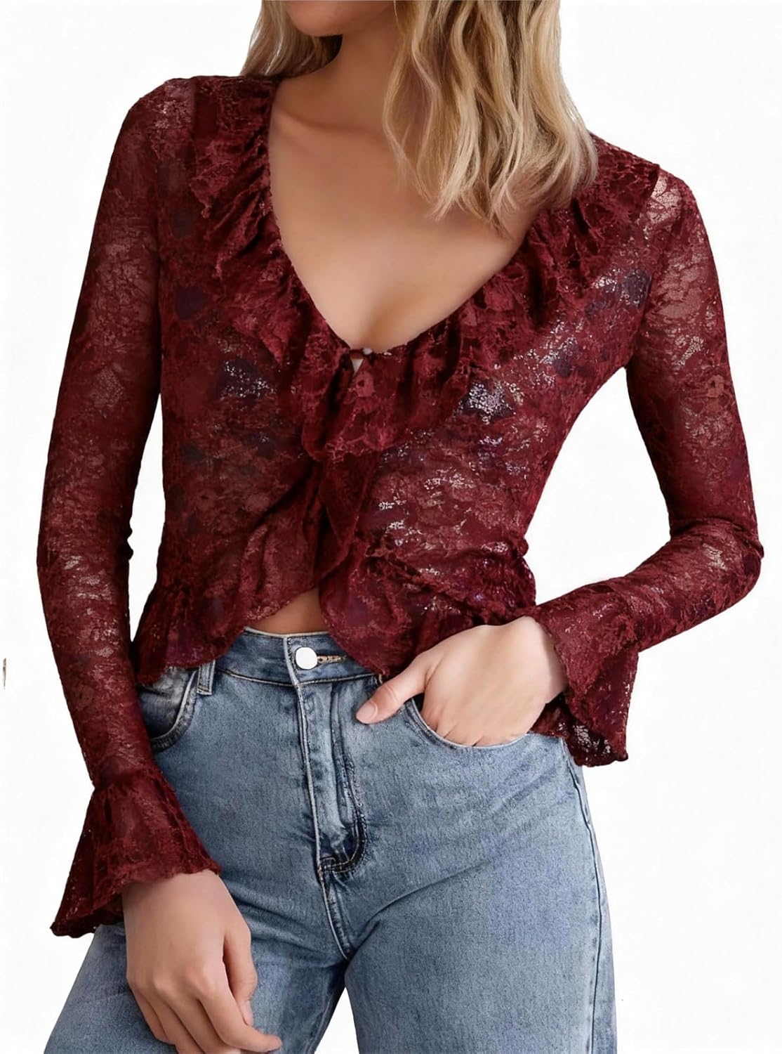 GERT COREL Womens Sexy Open Front Button Long Bell Sleeve Ruffle Trim Sheer Mesh Lace Crop Tops Blouses