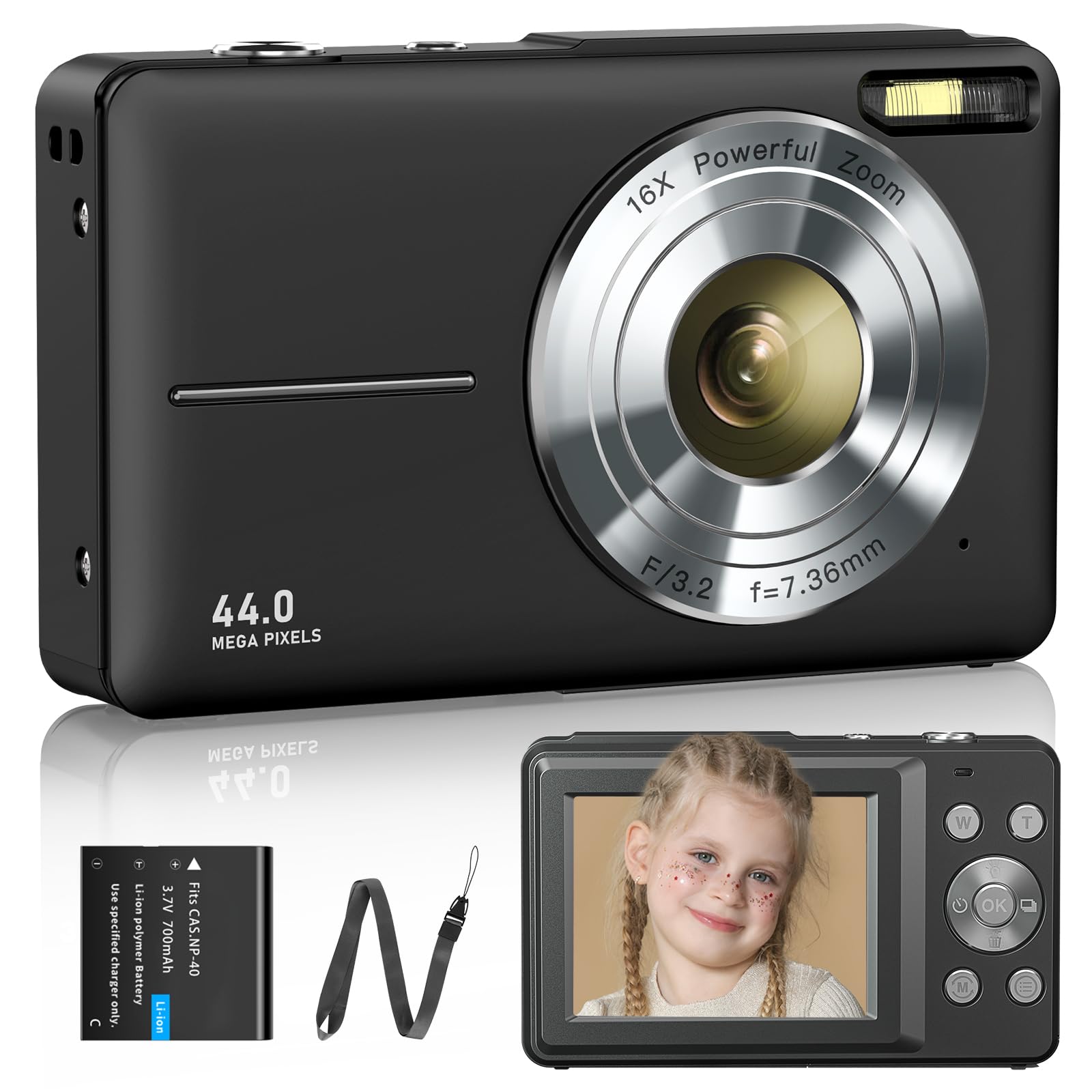 Digitalkamera 1080P 44MP 16X Digitalzoom für Kinder Jugendliche Studenten Schwarz