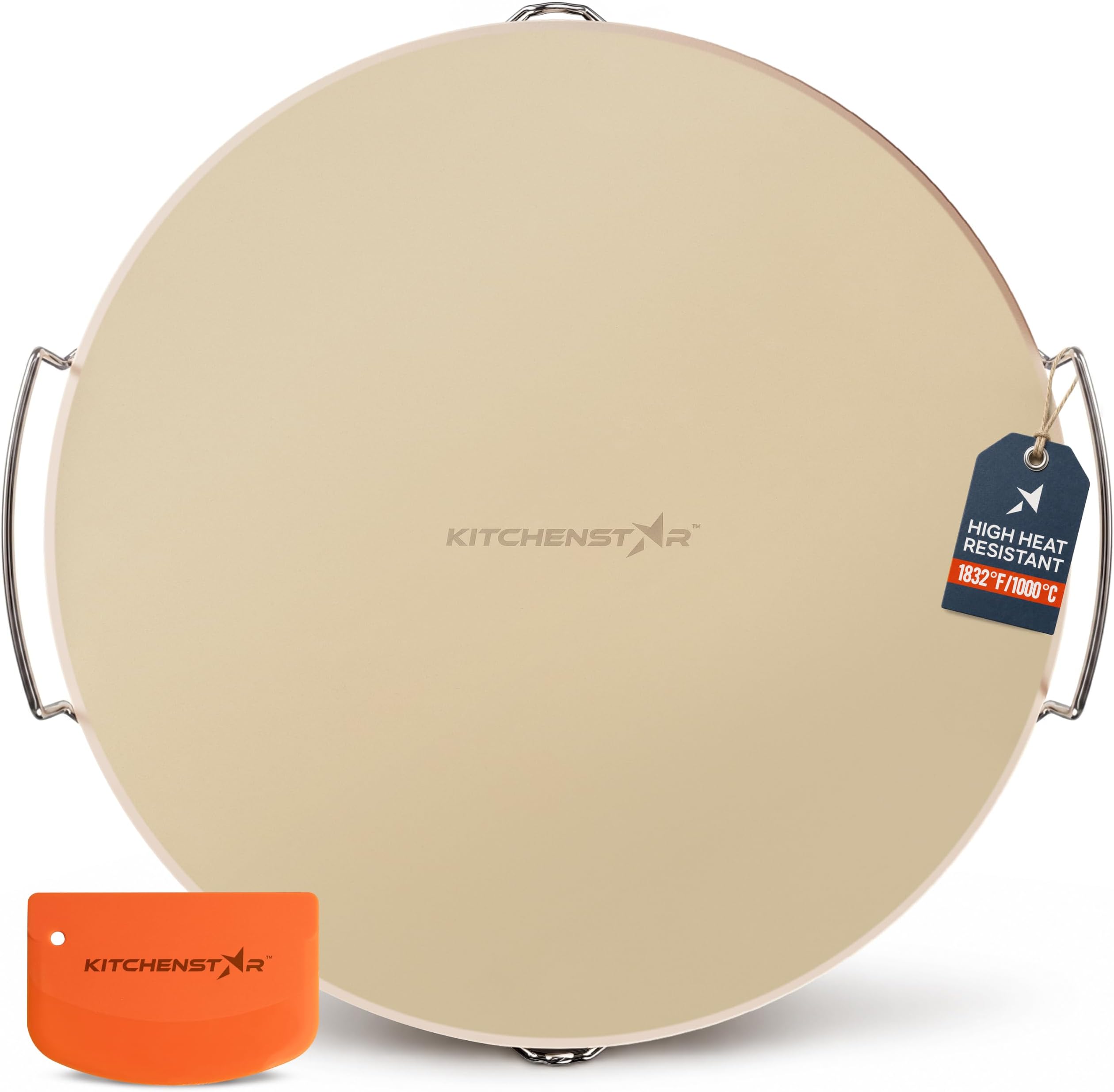 KitchenStar 16-inch Pizza Stone for Oven and BBQ Grill with Handles, Round, 5/8" Thick - Natural Cordierite, 1800 °F Resistant, Baking Stone Set with Stainless Steel Rack & Plastic Scraper Tool