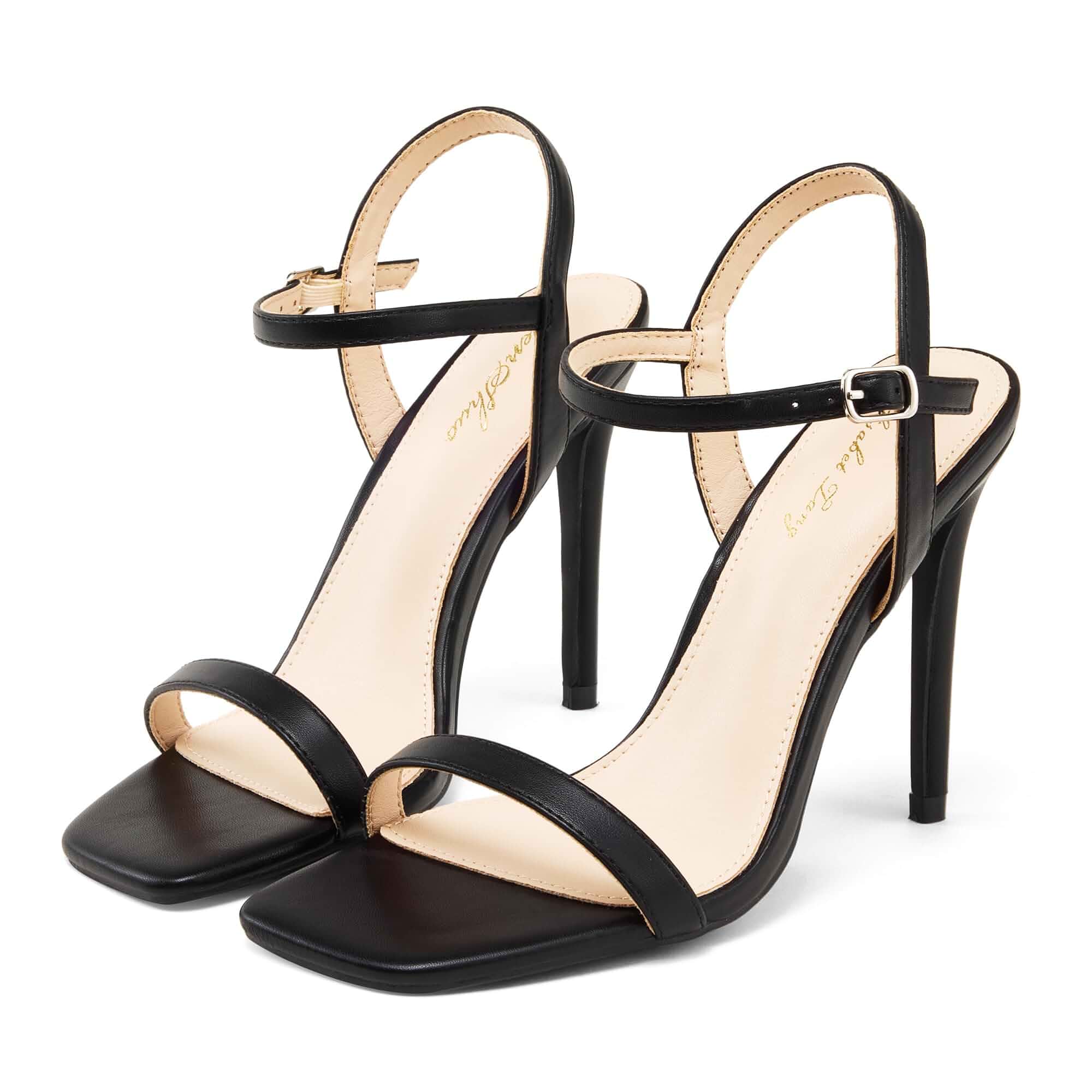 Elisabet Tang Women's High Heeled Sandals 4 Inch Strappy Sling Back Stiletto Open Square Toe Heels with Ankle Straps at Wedding Party Prom Work Dating