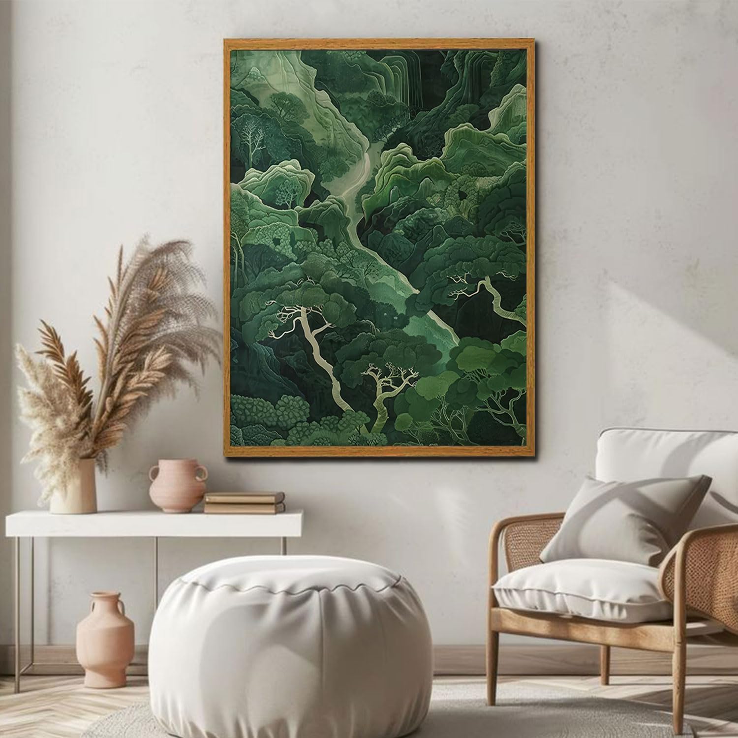 Framed Canvas Painting Wall Art Oriental Forest Landscape Print Poster Green Nature Gallery Picture Home Decor Canvas Landscape Painting Poster 12x16 Inch Ready To Hang