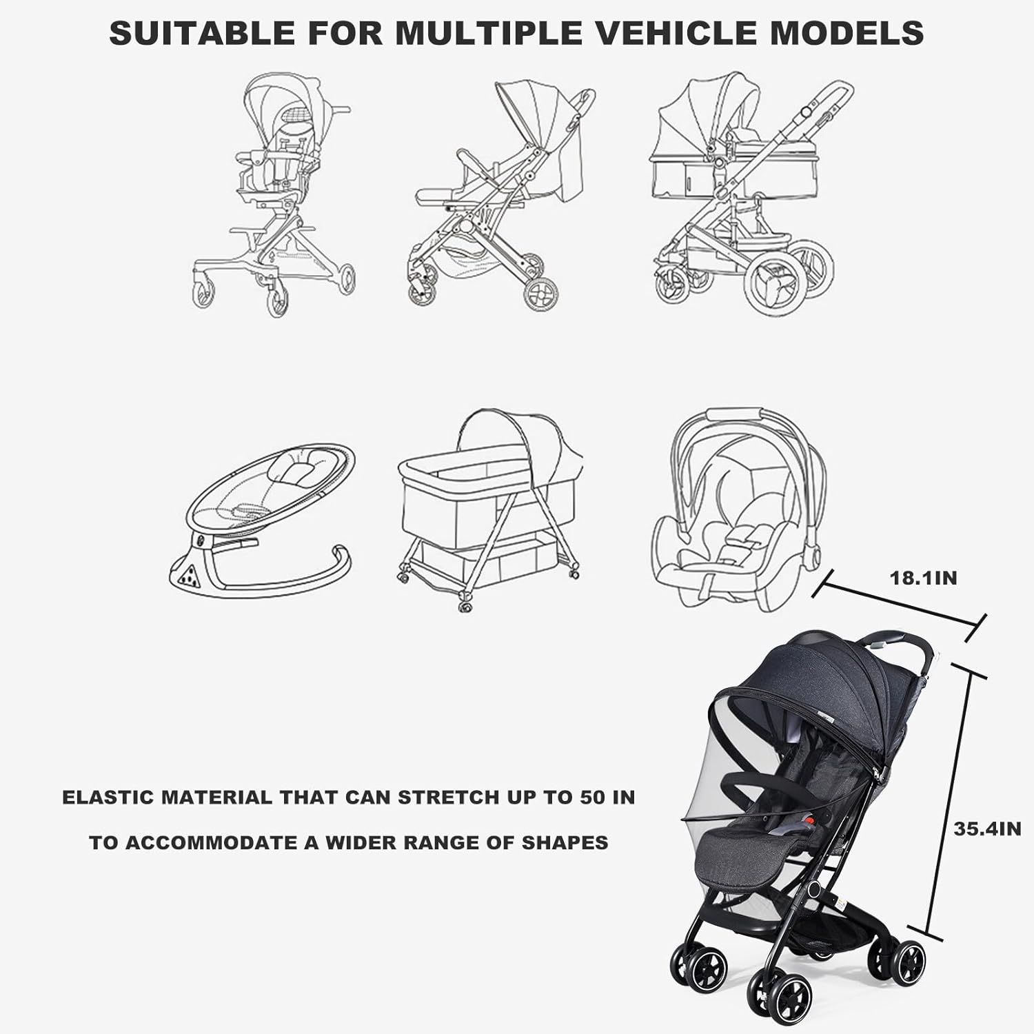 Mosquito Net for Stroller, Universal Bug Net for Stroller, Car Seats, Bassinets, Cradles, Mini Cribs, Quick-Release Double Zipper, Breathable & Foldable Netting Cover for Baby