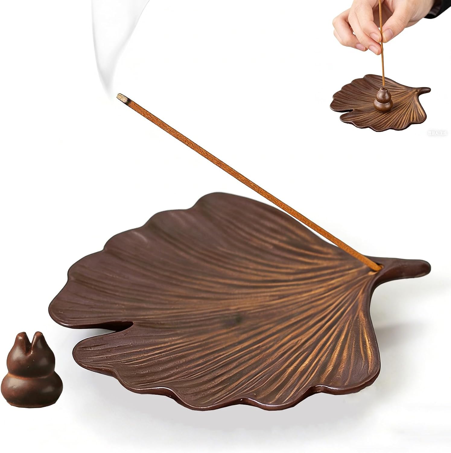 Leaf Shaped Ceramic Incense Holder(with Gourd) for Sticks, Coils, Cones