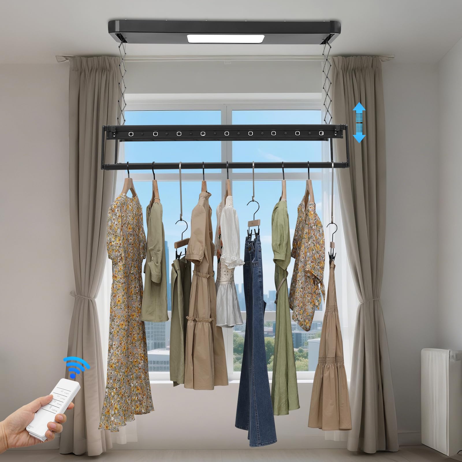 Elektrischer Wäschetrockner Wäschetrockner mit Fernbedienung elektrischer Wäschetrockner mit Licht 35kg Tragkraft Deckenmontage Für Balkon Waschraum 125x31x7cm 220V Schwarz