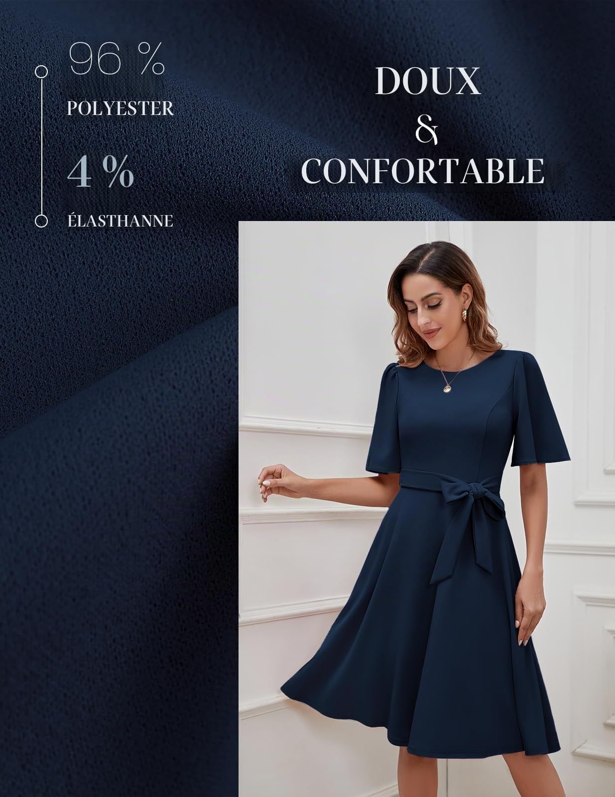 Bbonlinedress Robe de Soirée Femme Chic et Elegant Midi pour Cocktail Mariage Bal Promo Col Ronde Manches Courtes avec Ceinture