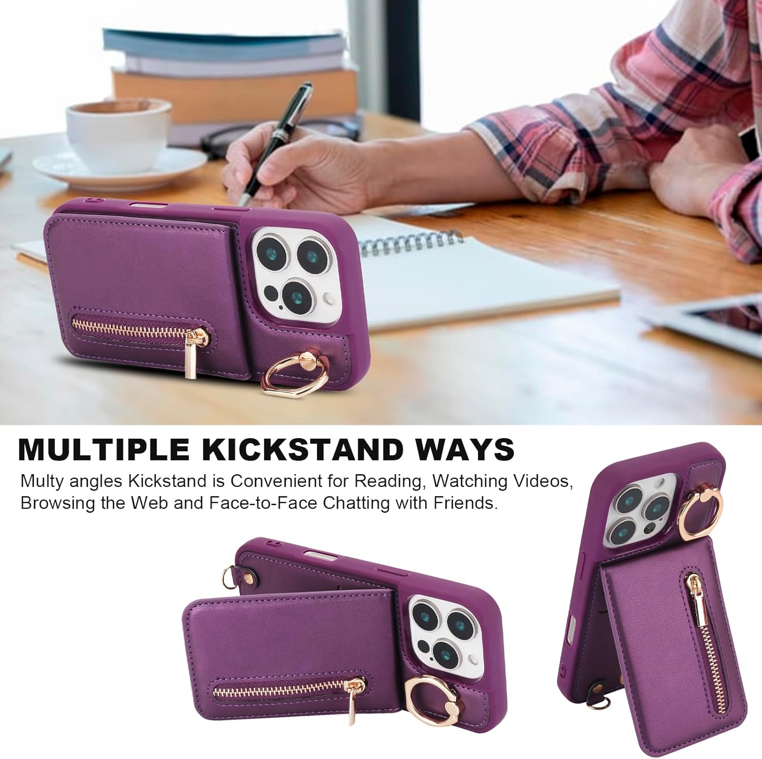 Crossbody Wallet Case for iPhone 16 Pro, with Card Slots Zipper Pocket Case, Flip Folio Purse RFID Blocking with Ring Kickstand Detachable Strap-Lavender - Image 7