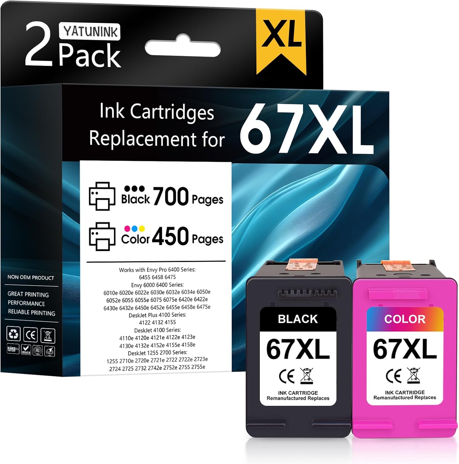 67XL 67 Ink Cartridges Black/Color Combo Pack Compatible for HP Ink 67 67XL Printer Ink Works with Deskjet 2755e 2700 4255e 4155e Envy 6000 6155e 6055e 6455e 6400 (Black, Color) 2PK