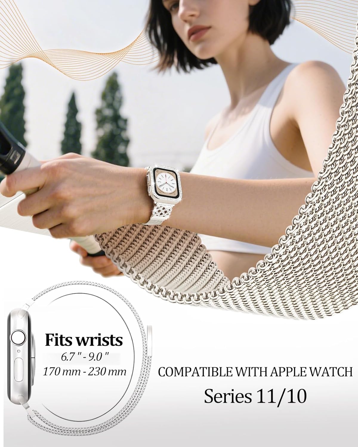 Metal Bracelet for Apple Watch Band 42mm 41mm 40mm 38mm 46mm 45mm 44mm for Women with Bling Case,Magnetic Slim Strap for iWatch Bands Series 11 10 9 8 7 6 5 4 3 SE SE3 Stainless Steel Mesh Loop iPhone - Image 3