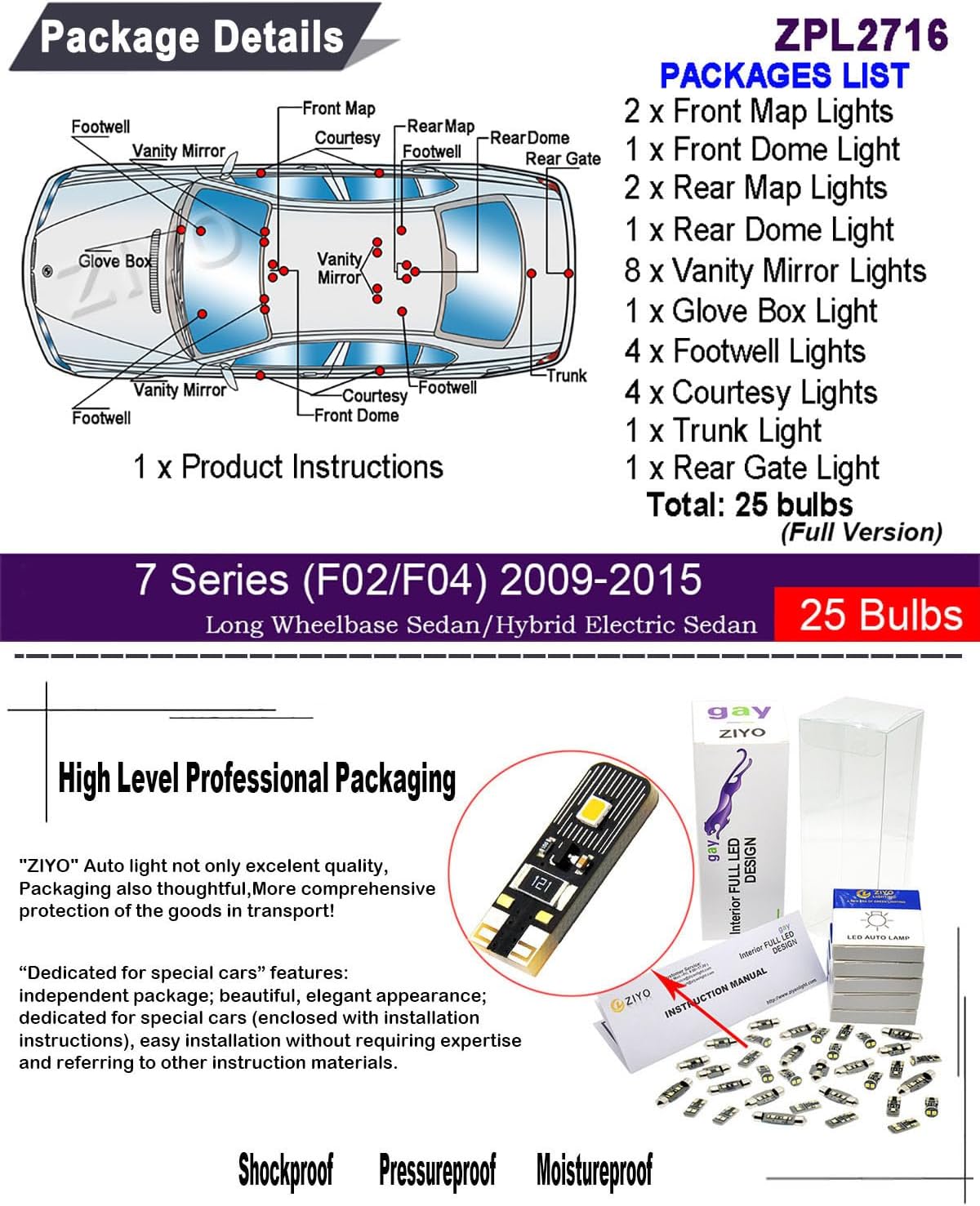 ZIYO ZPL2716 - (25 Bulbs) LED Interior Light Kit Replacement for BMW 7 Series F02 F04 2009-2015, 6000K Xenon White Dome Light Bulbs Upgrade Error Free - (Except Factory LED Model)