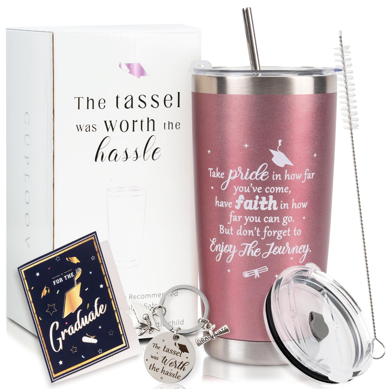 2025 Graduation Gift for Her Tumbler - 20 oz Rose Gold Wine Tumbler Cup with Lid,Straw,Brush, Keychain and Card Set with Gift Box for Nursing High School College Female Graduates