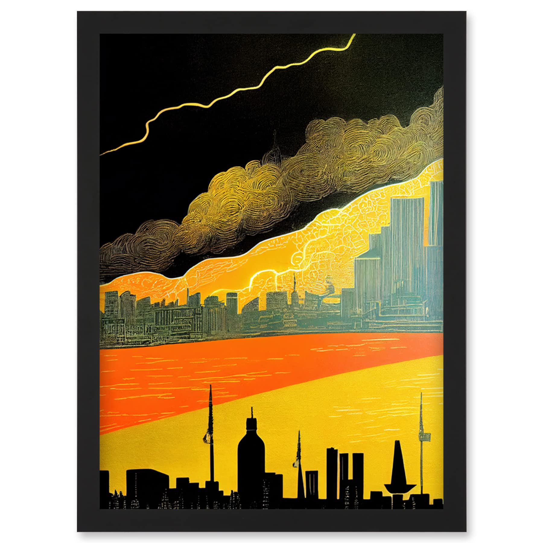Wee Blue Coo Modern Black Yellow Orange Linocut London Skyline Cityscape Storm Lightning Artwork Framed Wall Art Print A4