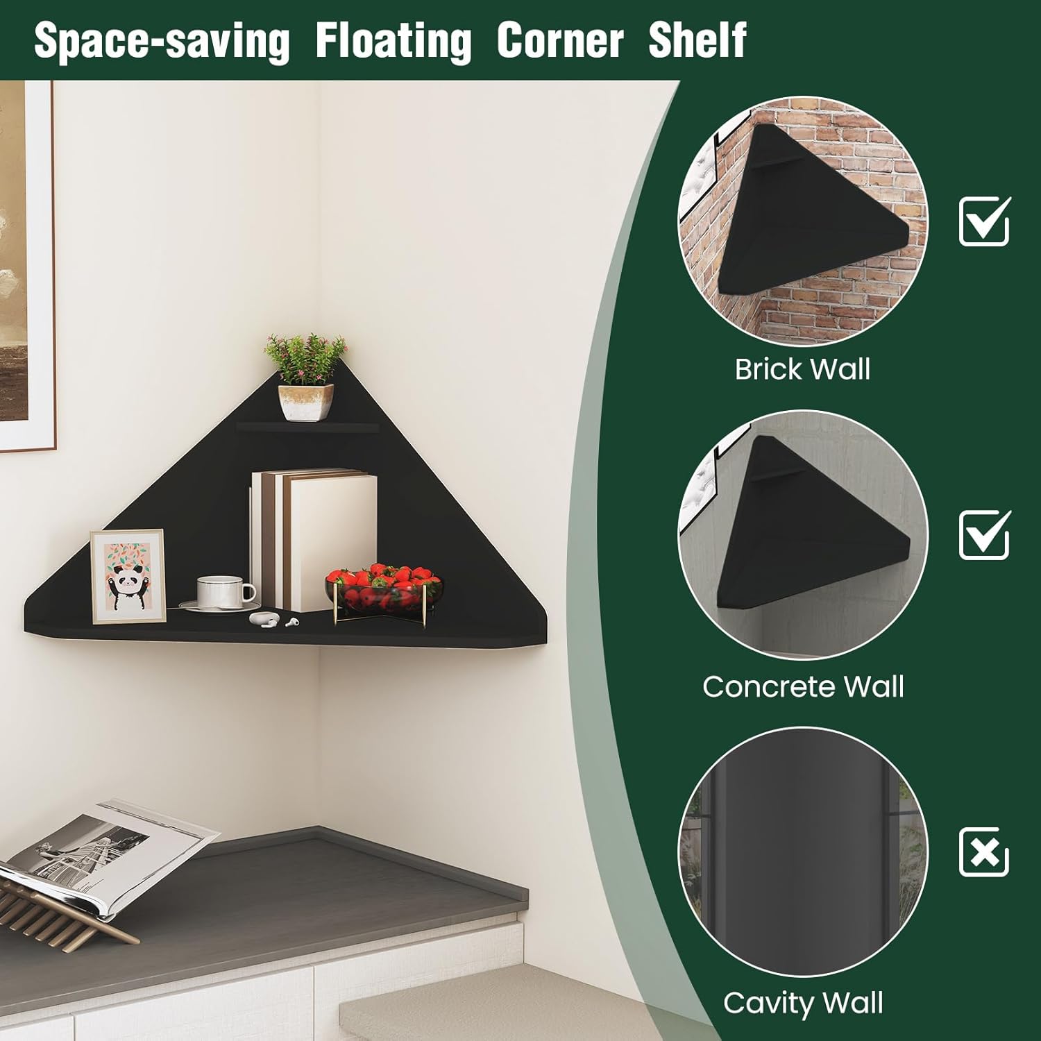GOFLAME Floating Corner Desk, Wall Mounted Triangular Computer Desk w/Storage Shelf, Space-Saving Design, 90° Wooden Floating Home Office Desk for Writing, Working, Studying (Black)