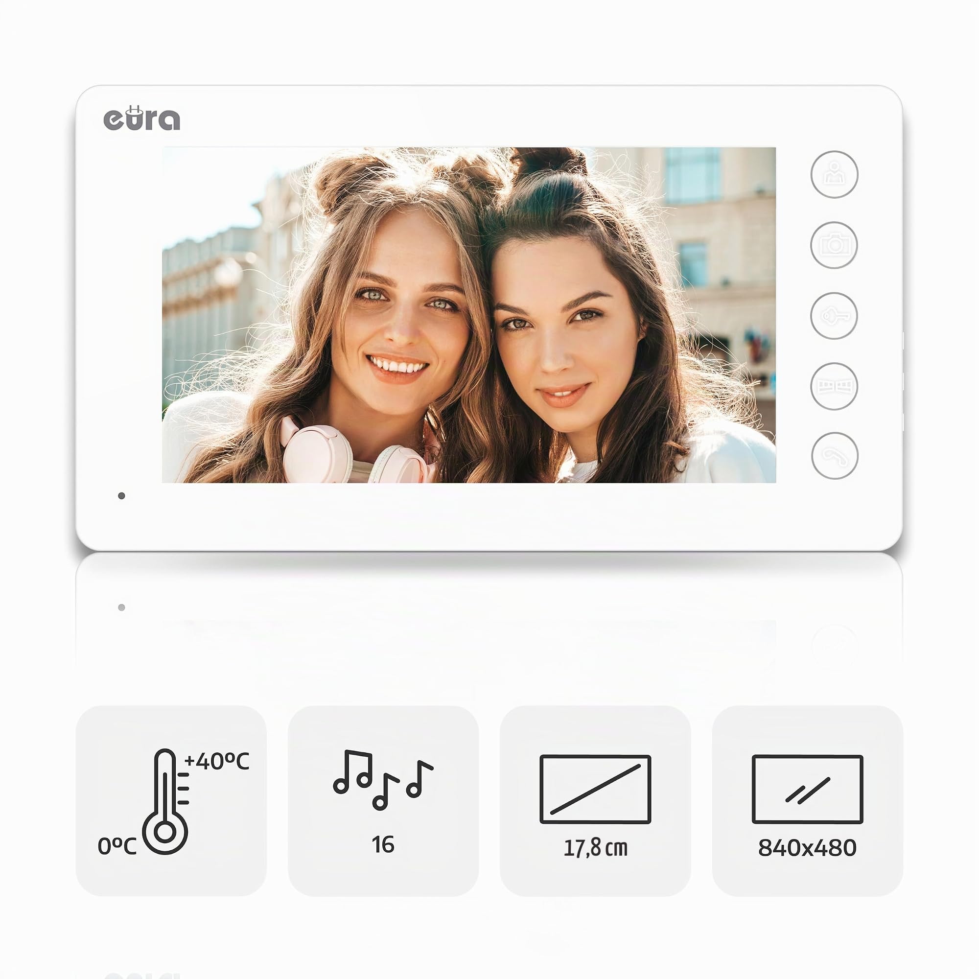 Eura VDP-76A3 Alpha Video-Türsprechanlage Gegensprechanlage 4 Draht, 7-Zoll-Farbmonitor, RFID, Bildspeicher, 2 Eingänge, Weiß