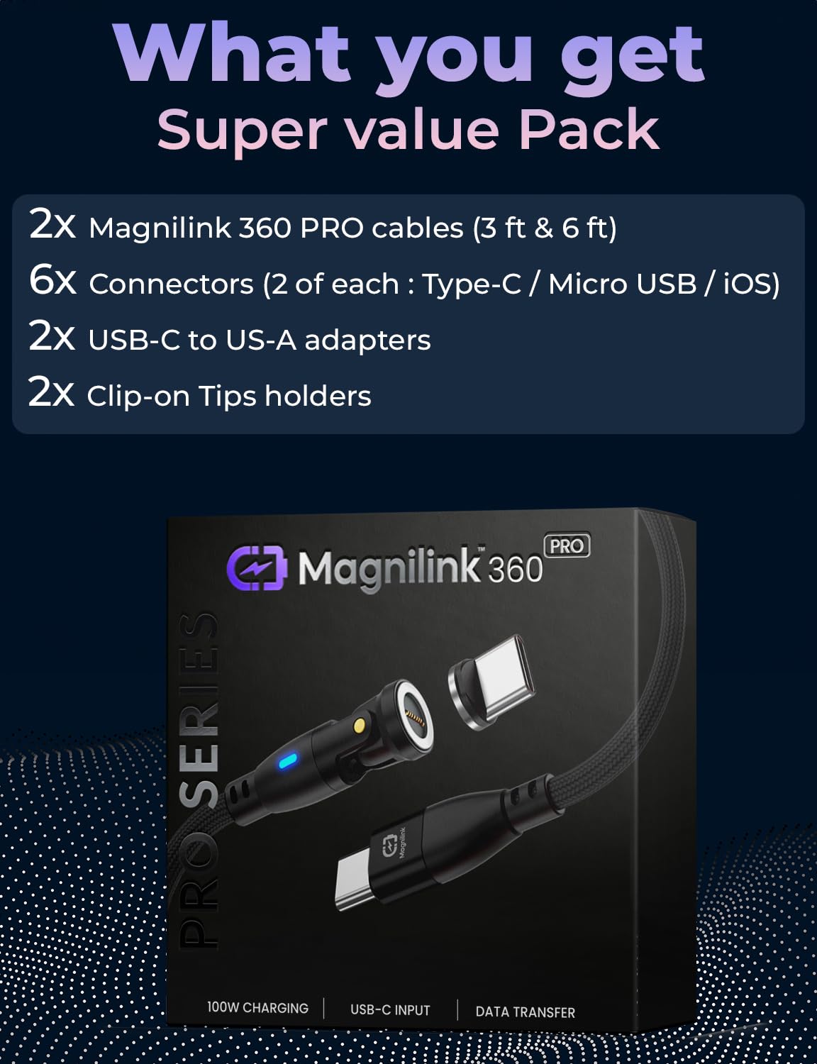 Magnilink 360 PRO - Cargador magnético USB-C de 100 W (paquete de 2) - Cable de carga magnético 6 en 1 de carga rápida y datos - Funciona con i-Products, tipo C y micro USB (negro ónix)