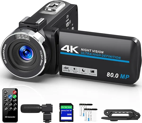 4K Camcorder Video Camera HD 80MP 30FPS Vlogging Camera for YouTube IR Night Vision Camera 18X Digital Zoom 3.0 IPS Screen Video Recorder with 32GB SD Card, 2 Batteries, Remote Control, and Stabilizer
