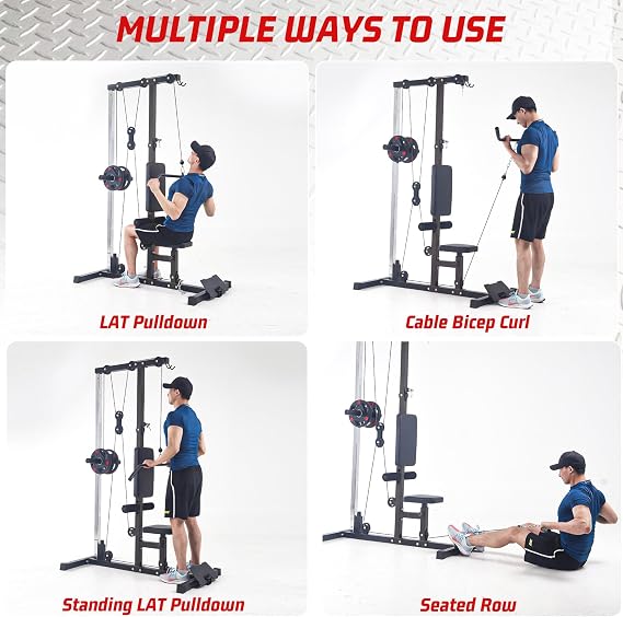 Cable Machine, LAT Pull Down Machine, LAT Row Cable Machine with High and Low Pulley Station, Heavy Duty Back Workout Machine with Leg Support for Home Gym Body Training, Black