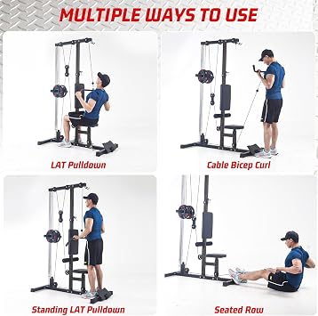 Cable Machine, LAT Pull Down Machine, LAT Row Cable Machine with High and Low Pulley Station, Heavy Duty Back Workout Machine with Leg Support for Home Gym Body Training, Black