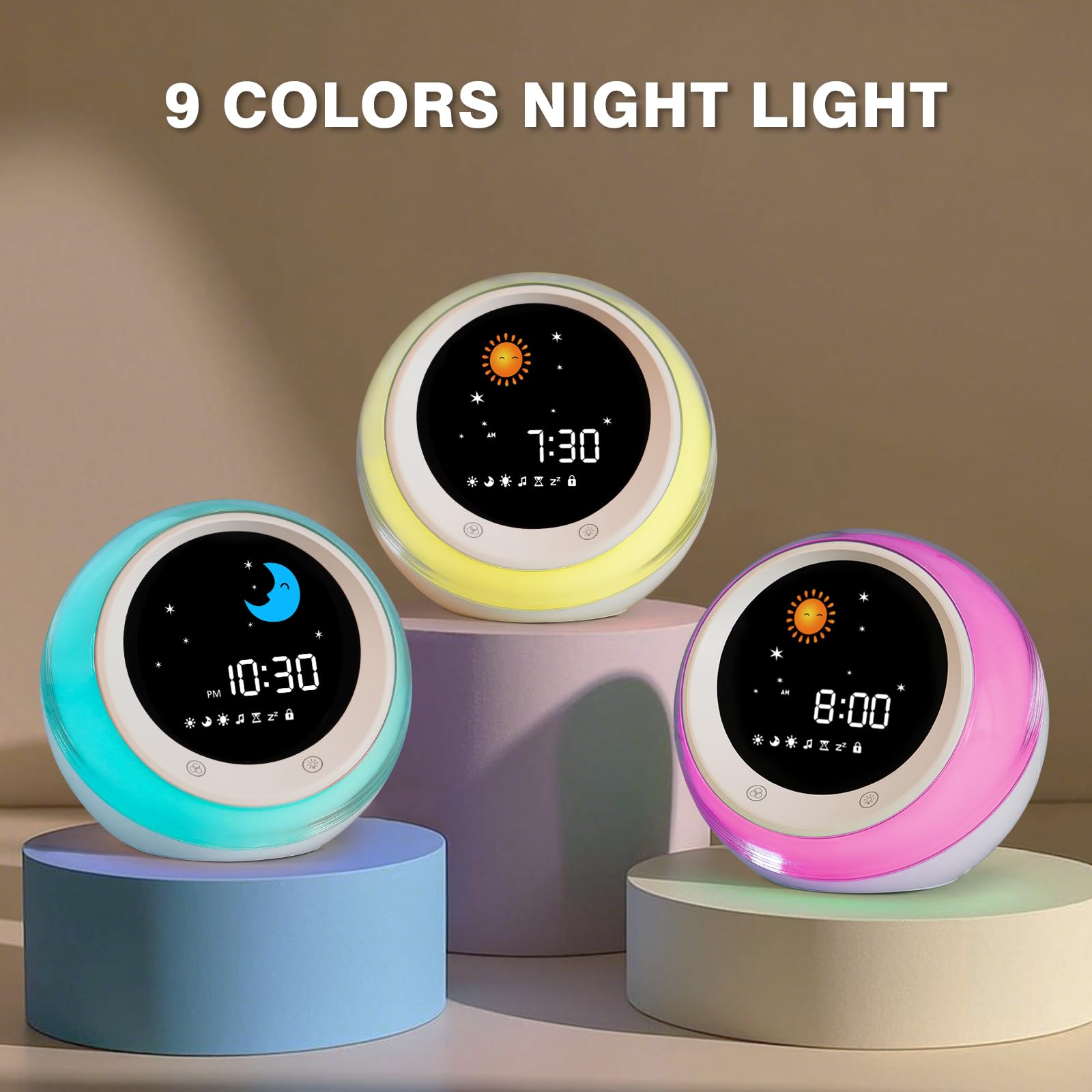 iHoo - Reloj despertador para niños, entrenamiento del sueño, con elevación del sol y la luna, máquina de sonido para dormir, luz nocturna y reloj despertador para niños pequeños y niños