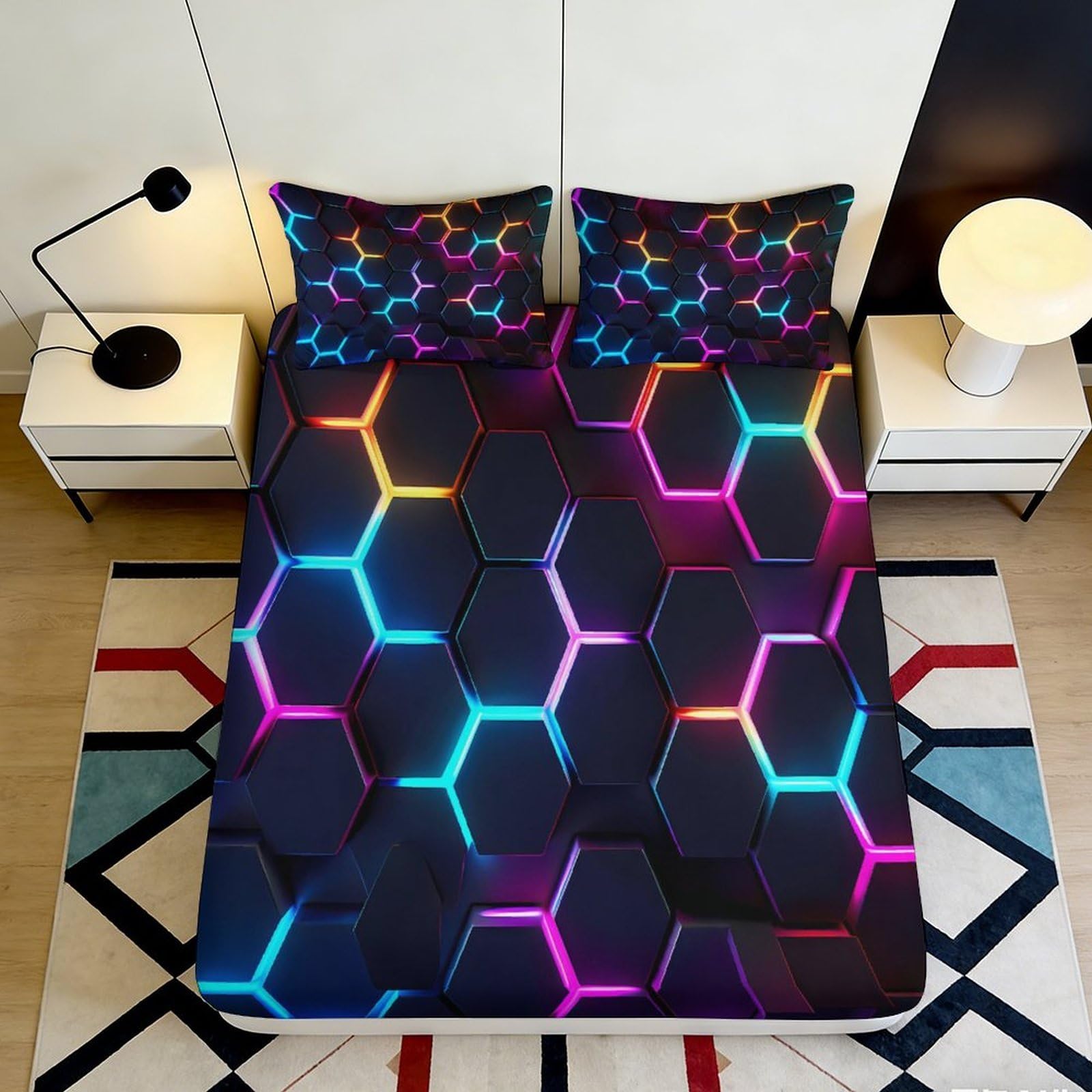 3D Printed Neon Hexagon Fitted Sheet Microfiber Soft Breathable Geometric Pattern Bed Cover for Bedroom Dormitory Guest Room Mattress Protection 200x200x25cm