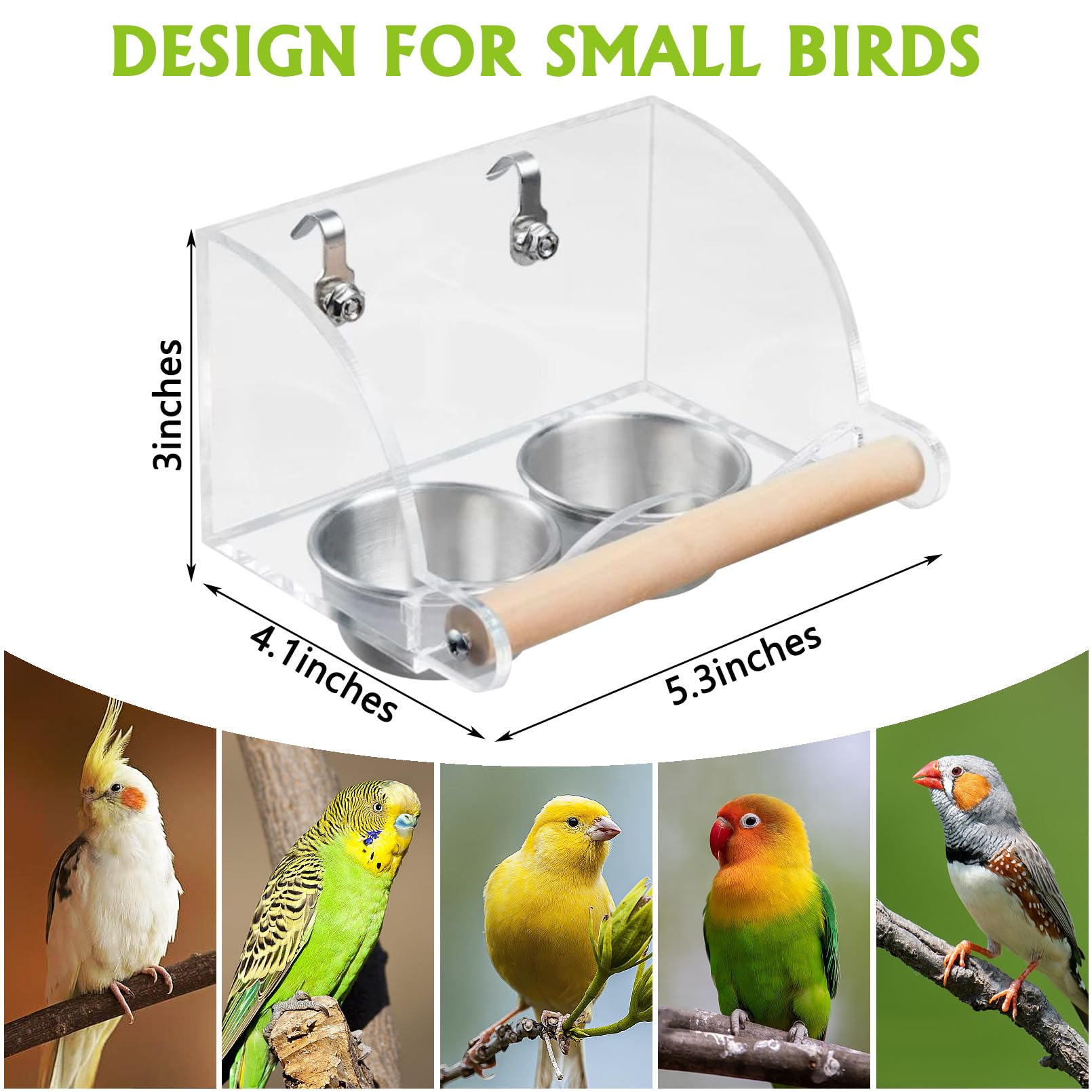 BNOSDM Bird Feeder for Cage with Double Stainless Steel Food & Water Bowls Anti-Slip Wood Perch Stand with No Mess Acrylic Seed Catcher for Parrot, Budgie, Parakeet, Lovebird, Canary, Finch (Hook) - image 6