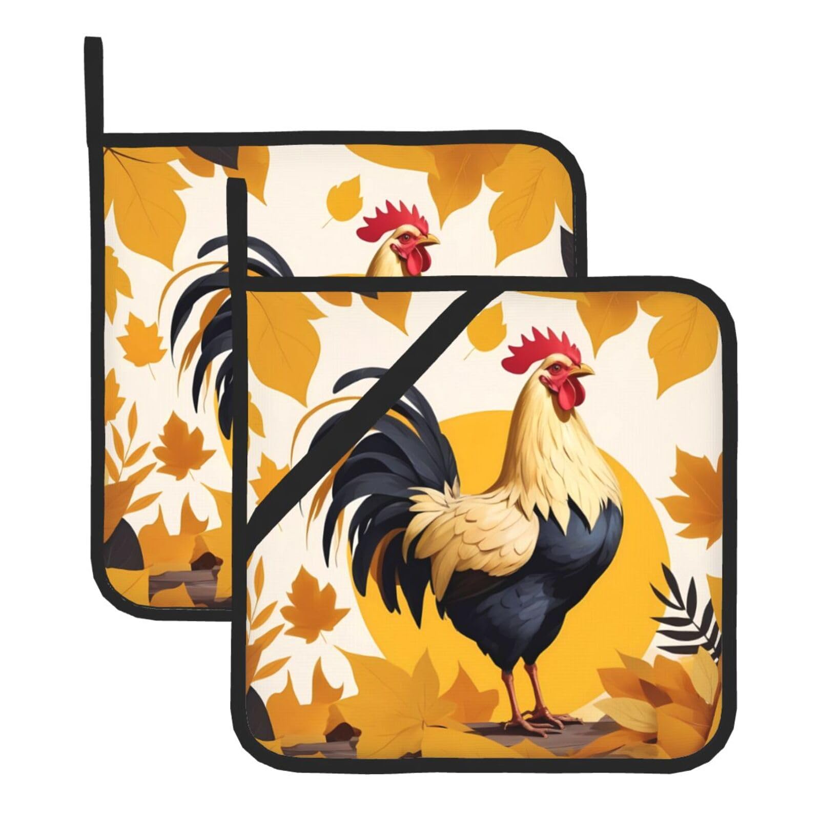HJFCZH Yellow Leaves Chicken Printed Square Insulated Pot Mat Set (2-Piece) 8x8in Waterproof, Thickened & Easy to Clean with Lanyard Design for Kitchen, Oven & BBQ