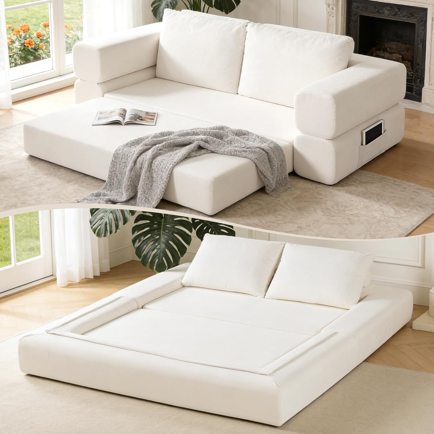 74 Inch Boneless Couch,3-in-1 Folding Convertible Sofa Bed with Reversible Chaise,Oversized Corduroy Upholstered,Linen Upholstered Loveseat with Two Throw Pillows for Living Room Bedroom (White)