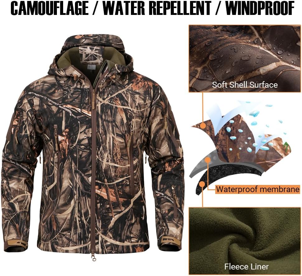 CARWORNIC Men's Camo Quiet Hunting Jacket Waterproof Softshell Fleece Lined Camouflage Outdoor Hiking Fishing Coat - Image 3