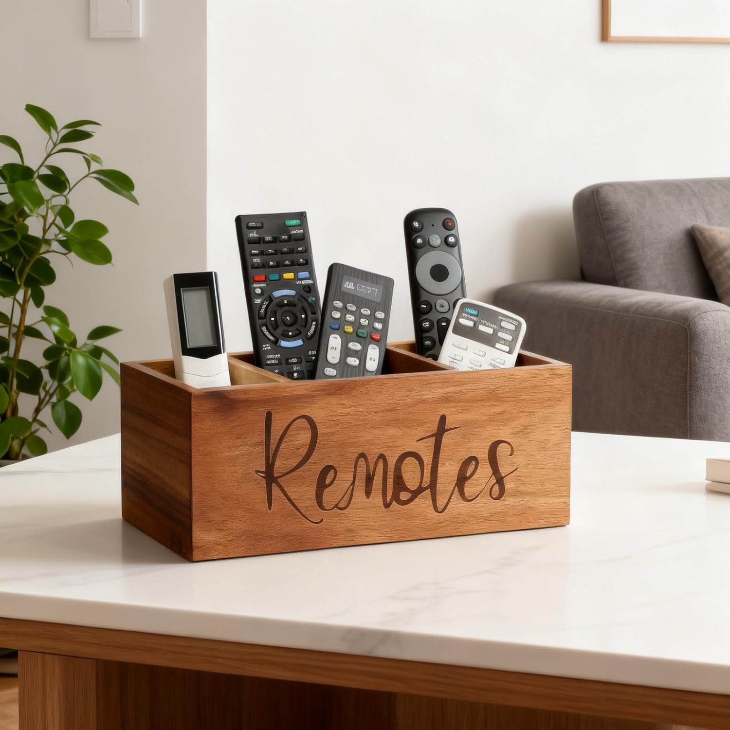 LBEMEY Remote Control Holder Caddy, Acacia Wood TV Remote Holder, Remote Organizer for Table, Vintage Farmhouse Desk Caddy (Brown-for 5+ Remote Controls)