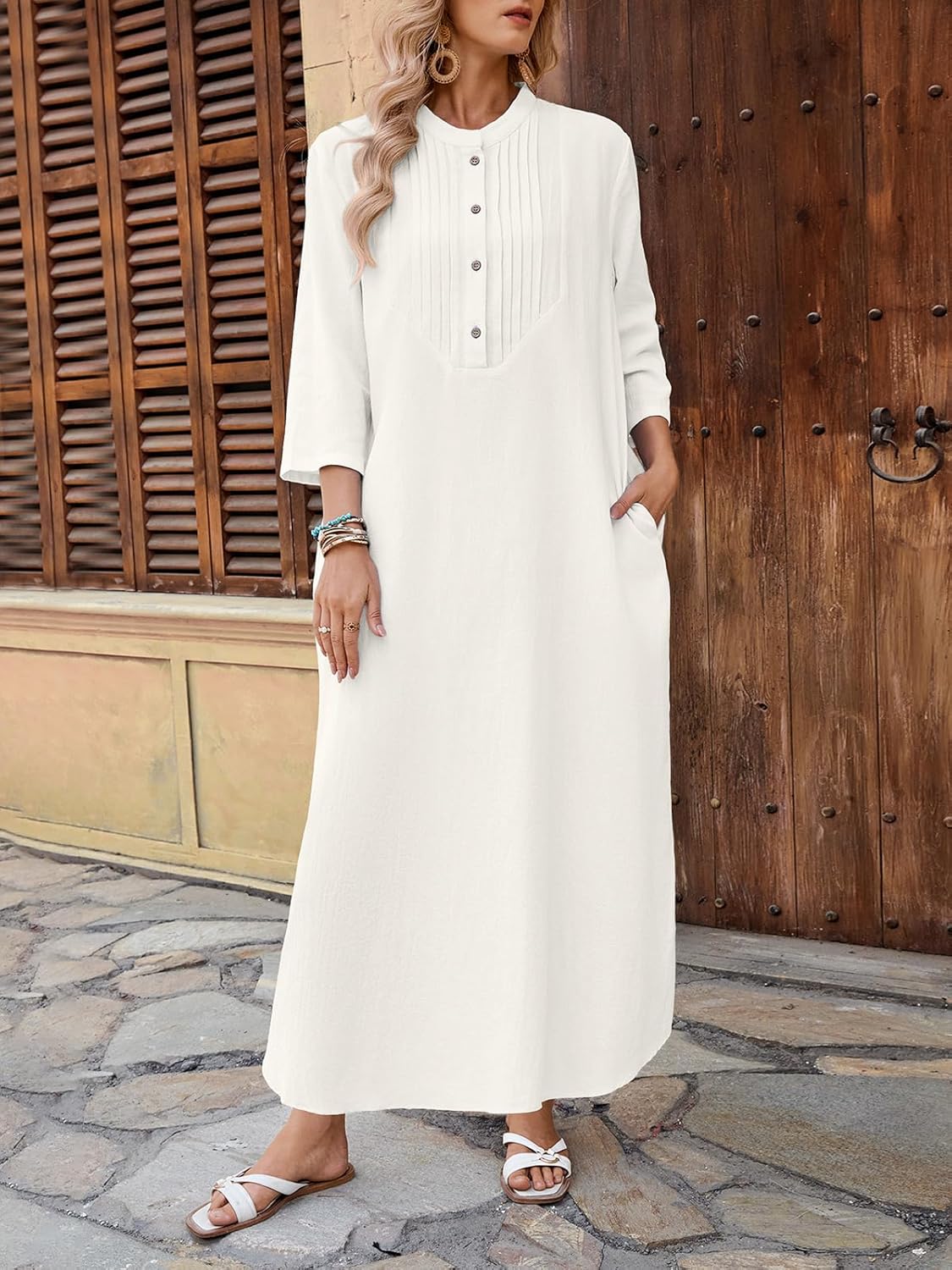 Celmia Autumn Solid Loose Long Maxi Dress Cotton Caftan - Image 3
