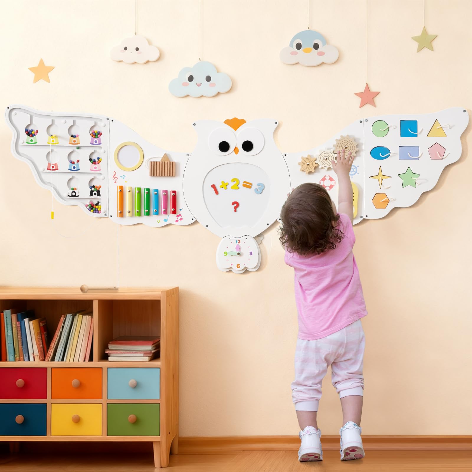 COSTWAY Tableros de Actividades de Pared para Niños de Búho, 11 en 1 Paneles de Actividades para Niños, Juguete Educativo Sensorial Montessori de Madera para Niños de 3+ Años, Sala de Juegos Guardería
