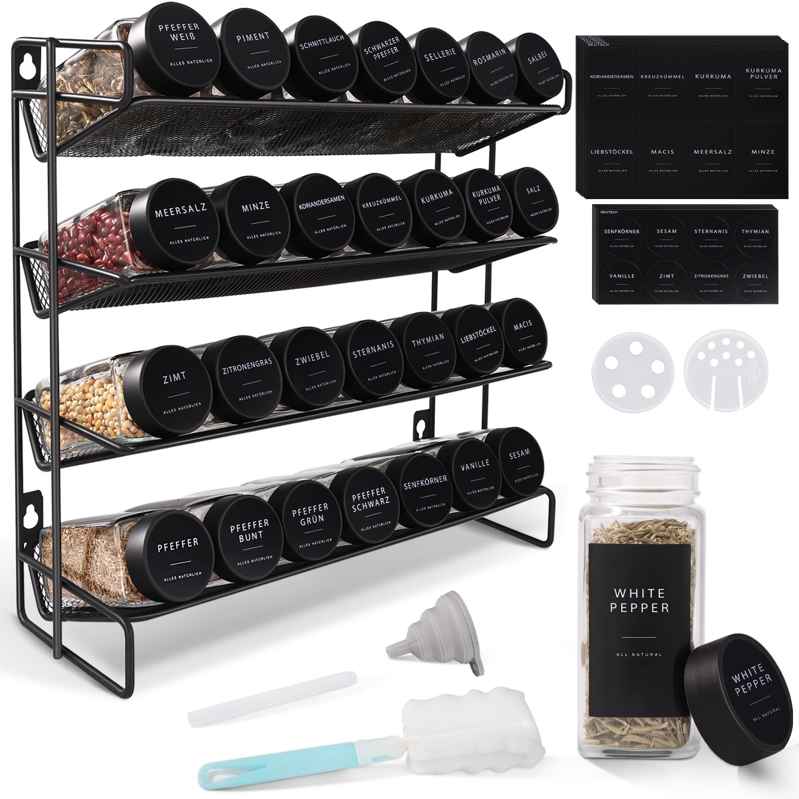 Porta Spezie per Cucina, 28 Barattoli di Spezie, Porta Spezie Salvaspazio, Portaspezie da Appoggio, Organizer Spezie Cucina con 308 Etichette, Setaccio, Spazzola