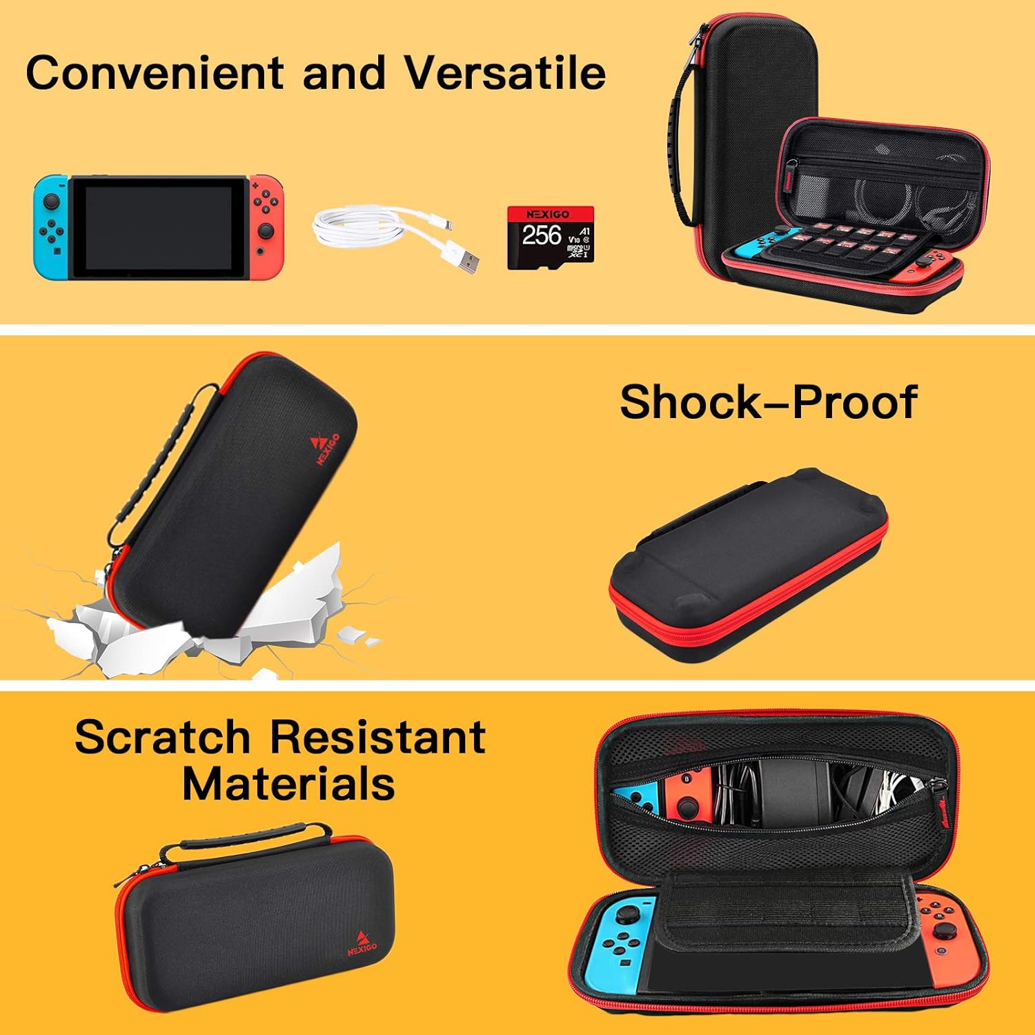 NexiGo Switch Carrying Case and Accessories Kit for Nintendo Switch, 11 in 1 Switch Game Storage Accessories, Joycon Grip, Screen Protector, Joy-Con Silicone Case, Thumb Grips Caps (Black)